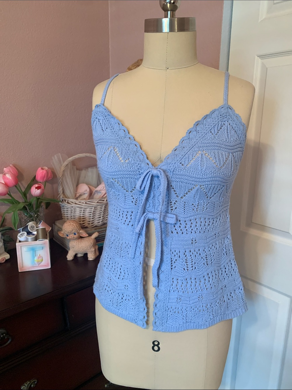 NO BOUNDARIES Light Blue Crochet Tie-Front Tank Top